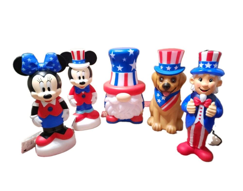 Patriotic 4th of July Blow Mold Lot of 5 Mickey Minnie Uncle Sam Gnome Dog NEW